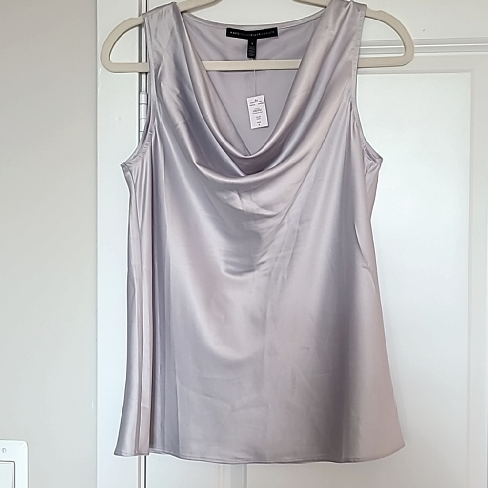NWT White House Black Market  Elegant draped-neck sleeveless Top. Silver. Size S